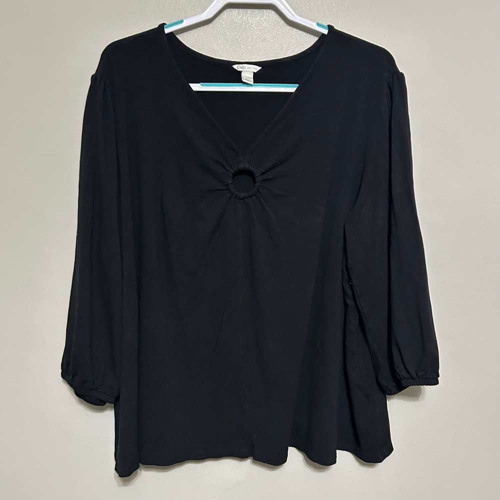 Cato Womens Blouse 22/24W Black V-Neck Long Sleeve Keyhole Flowy Boho Grunge Y2K